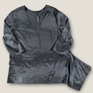 St. John Black Satin V-Neck Tunic Top Beaded Crystal Hem Size 18 Plus Luxury